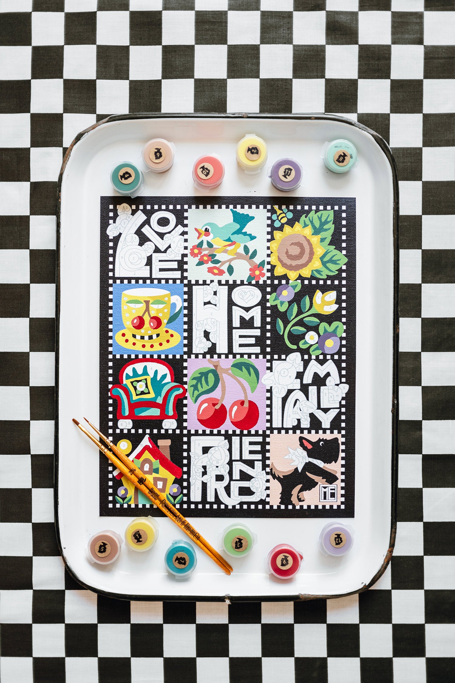 Mary's Quilt | Mary Engelbreit 8x10 paint-by-number kit on checkerboard tray