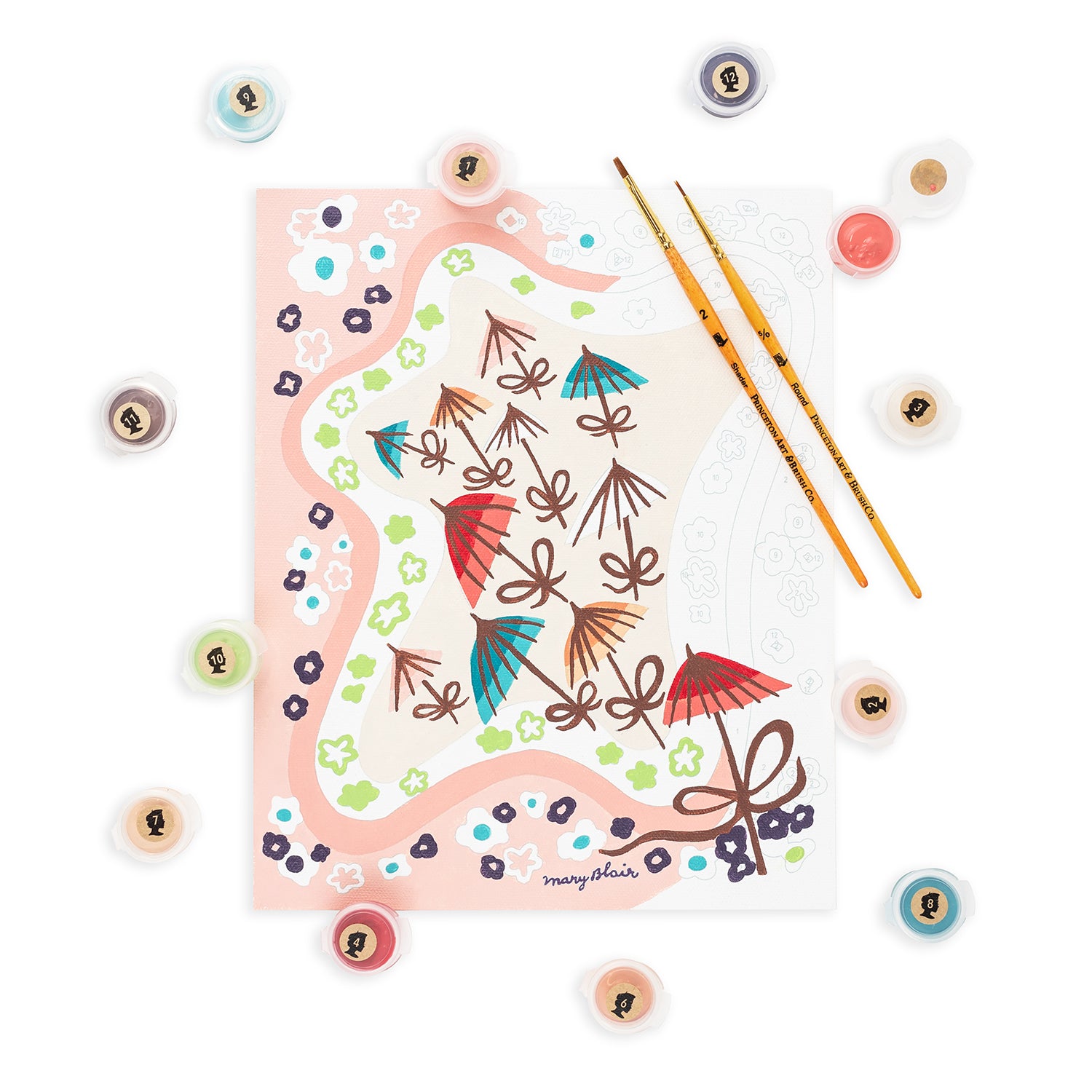 Mary Blair's Parasols paint-by-number kit half painted against a white background with paint pots and brushes scattered.
