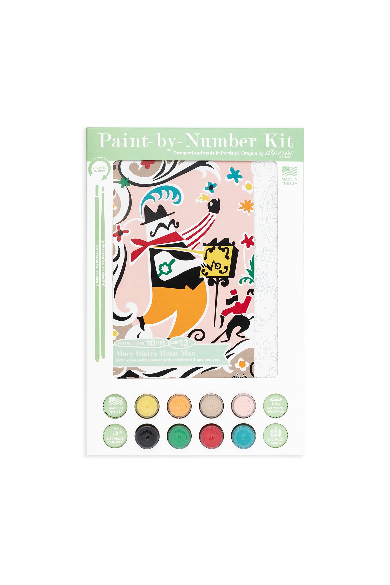 Mary Blair’s Music Man paint-by-number kit packaging featuring organ grinder and monkey artwork, 8 acrylic paint pots, and brushes.