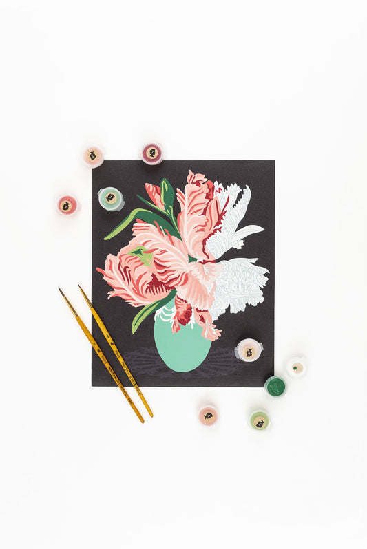 Parrot Tulips in a Vase (black background) | 8x10 paint-by-number kit - Elle Crée