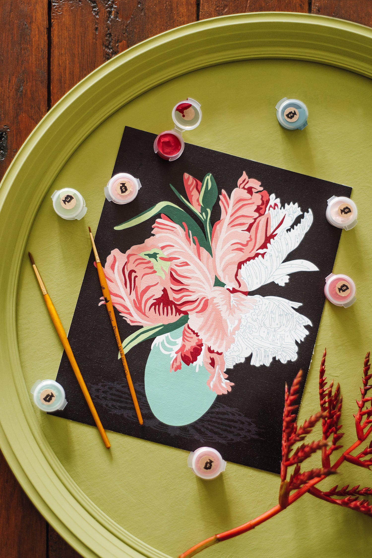 Parrot Tulips in a Vase (black background) | 8x10 paint-by-number kit - Elle Crée
