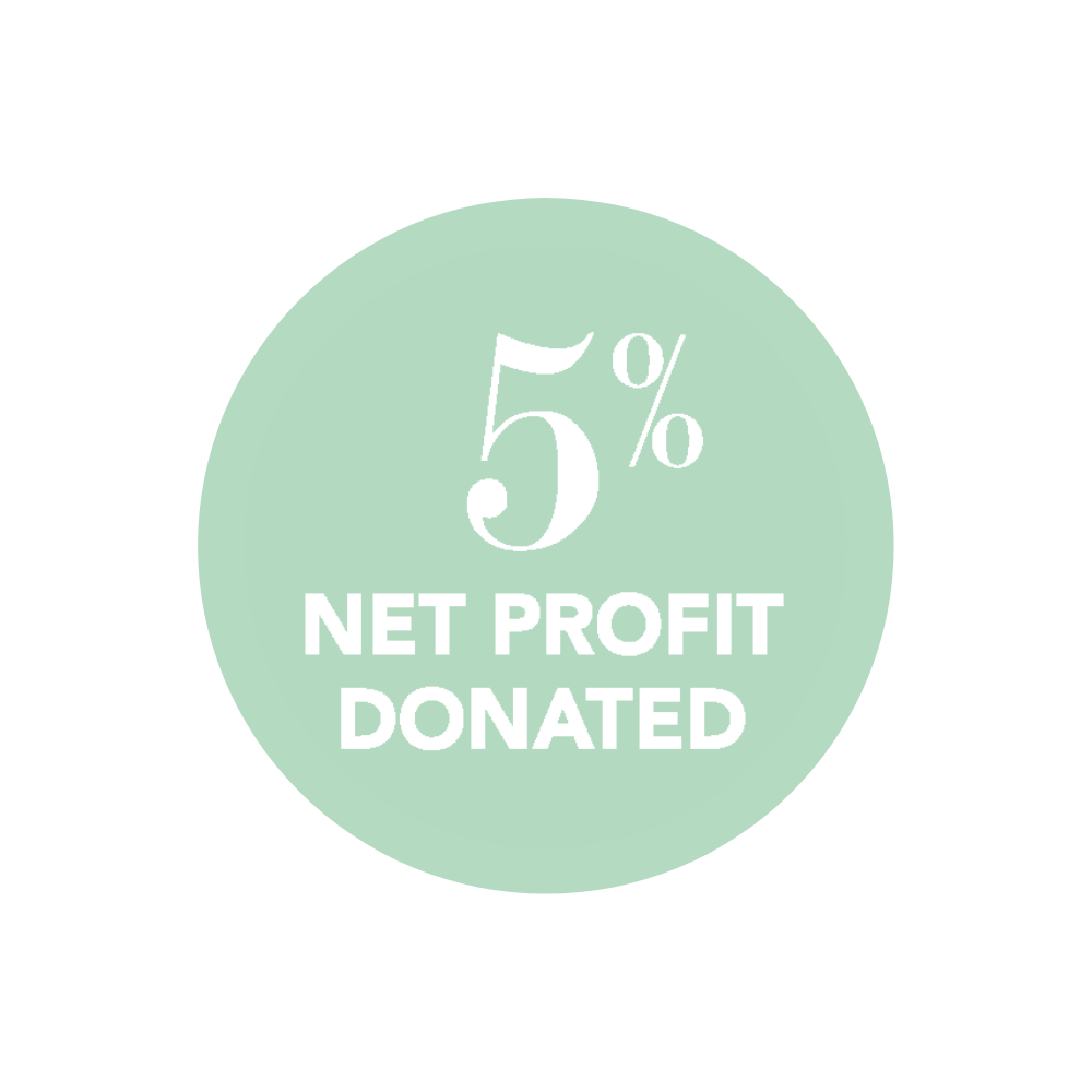 Mint green circular graphic that states 5% net profit is donated.