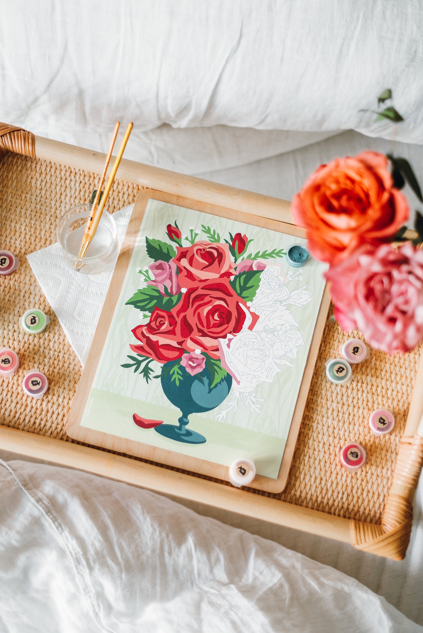 Roses in Vase (wallpaper background) | 8x10 paint-by-number kit - Elle Crée