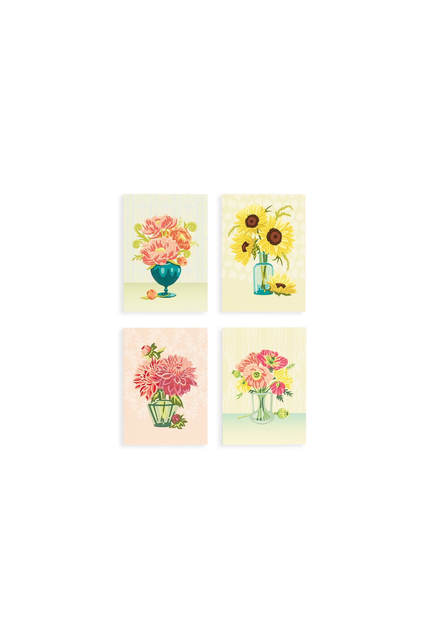 Floral Mini Card Set with 4 designs: Yellow Sunflowers, Peonies, Dahlias and Icelandic Poppies