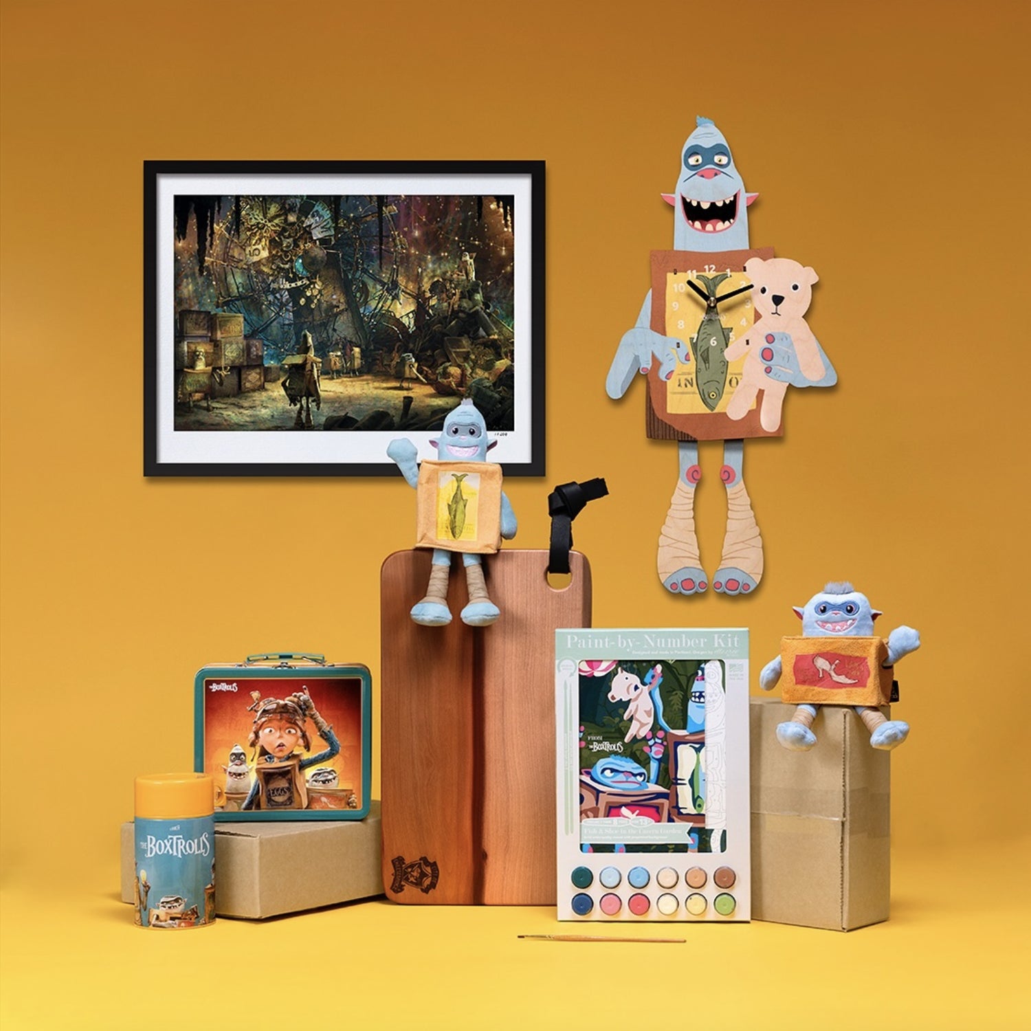The Boxtrolls paint-by-number kit by Elle Crée, featured alongside other official Boxtrolls merchandise released by LAIKA Studios.
