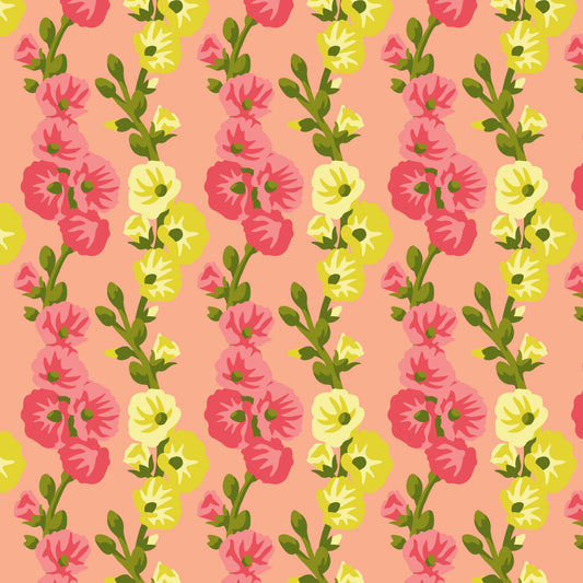 Hollyhocks in Harmony Coral | Organic Quilters Cotton
