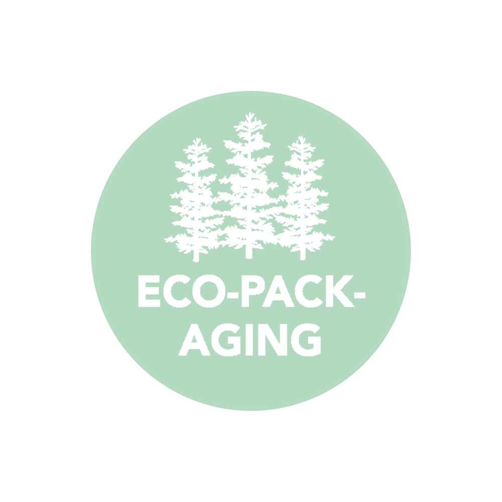 Mint green circular graphic that reads "eco-packaging."