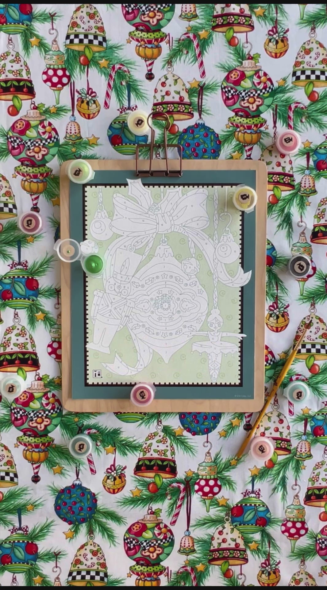 Video of the Mary Engelbreit paint-by-number kit "Very Mary Christmas" being painted.