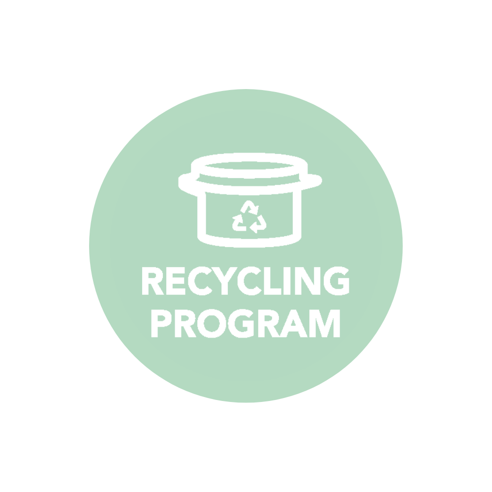 Mint green circular graphic that reads "recycling program."