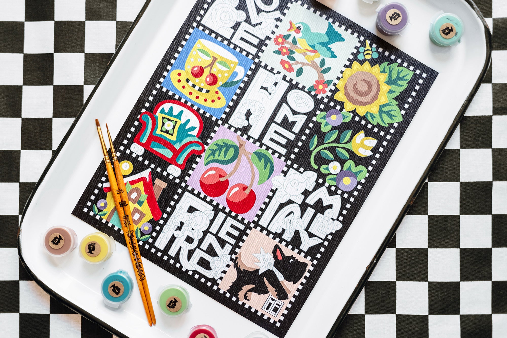 Mary's Quilt | Mary Engelbreit paint-by-number kit on a tray surrounded by Elle Crée paints