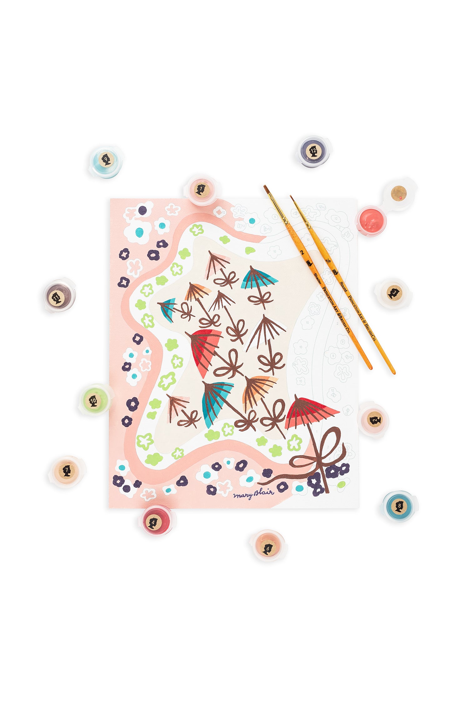 Mary Blair's Parasols paint-by-number kit half painted against a white background with paint pots and brushes scattered.
