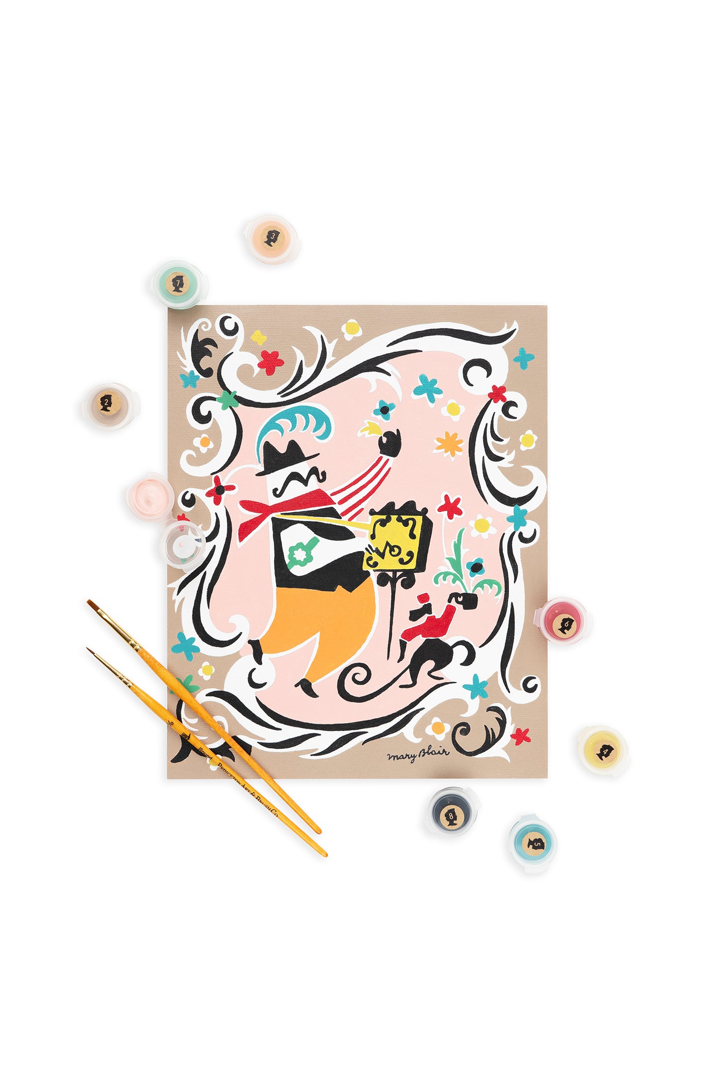Mary Blair’s Music Man paint-by-number kit with organ grinder and monkey artwork, paint pots, and brushes on white background.