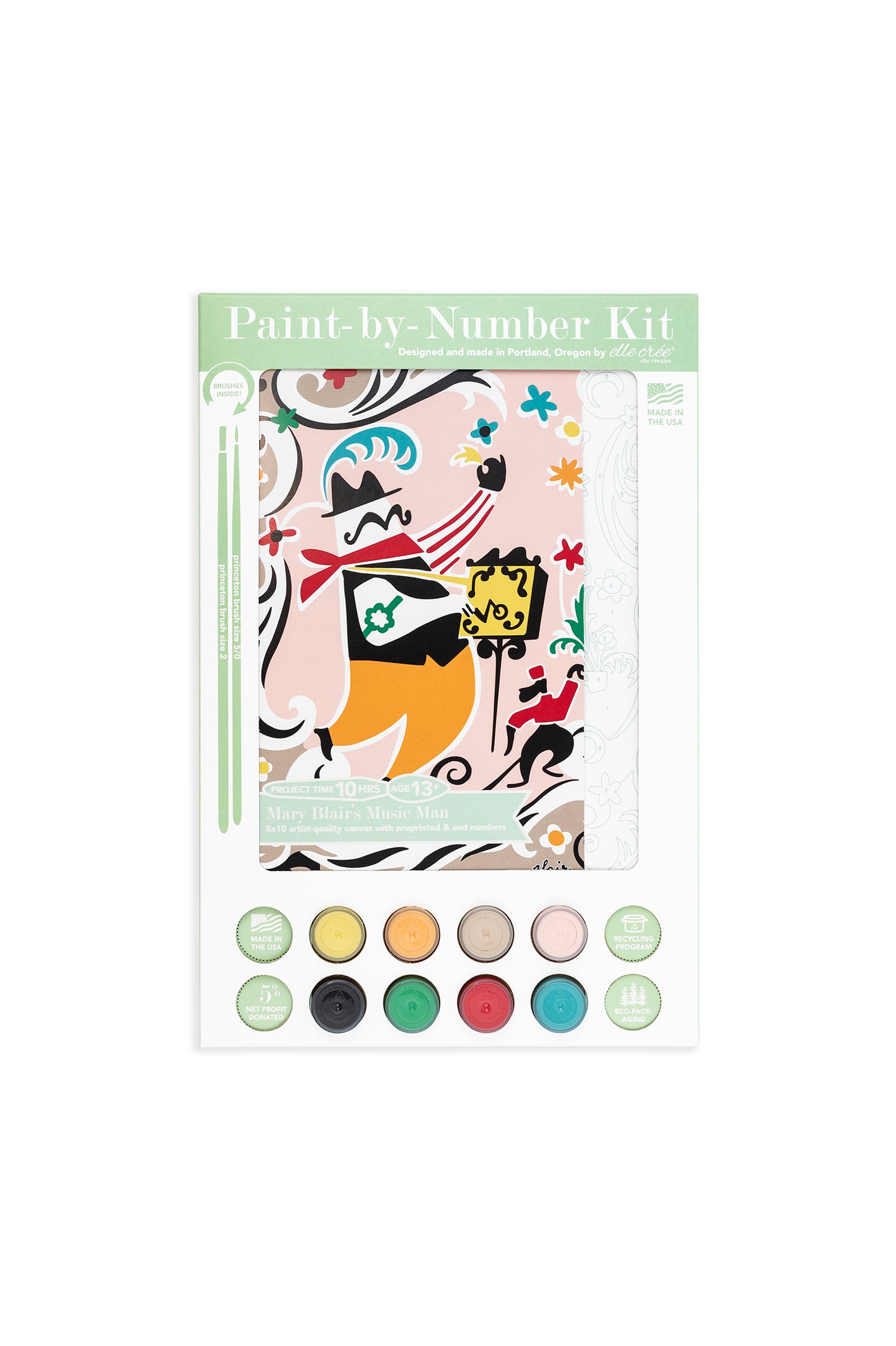 Mary Blair’s Music Man paint-by-number kit packaging featuring organ grinder and monkey artwork, 8 acrylic paint pots, and brushes.
