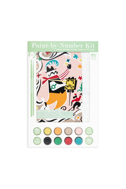 Mary Blair’s Music Man paint-by-number kit packaging featuring organ grinder and monkey artwork, 8 acrylic paint pots, and brushes.