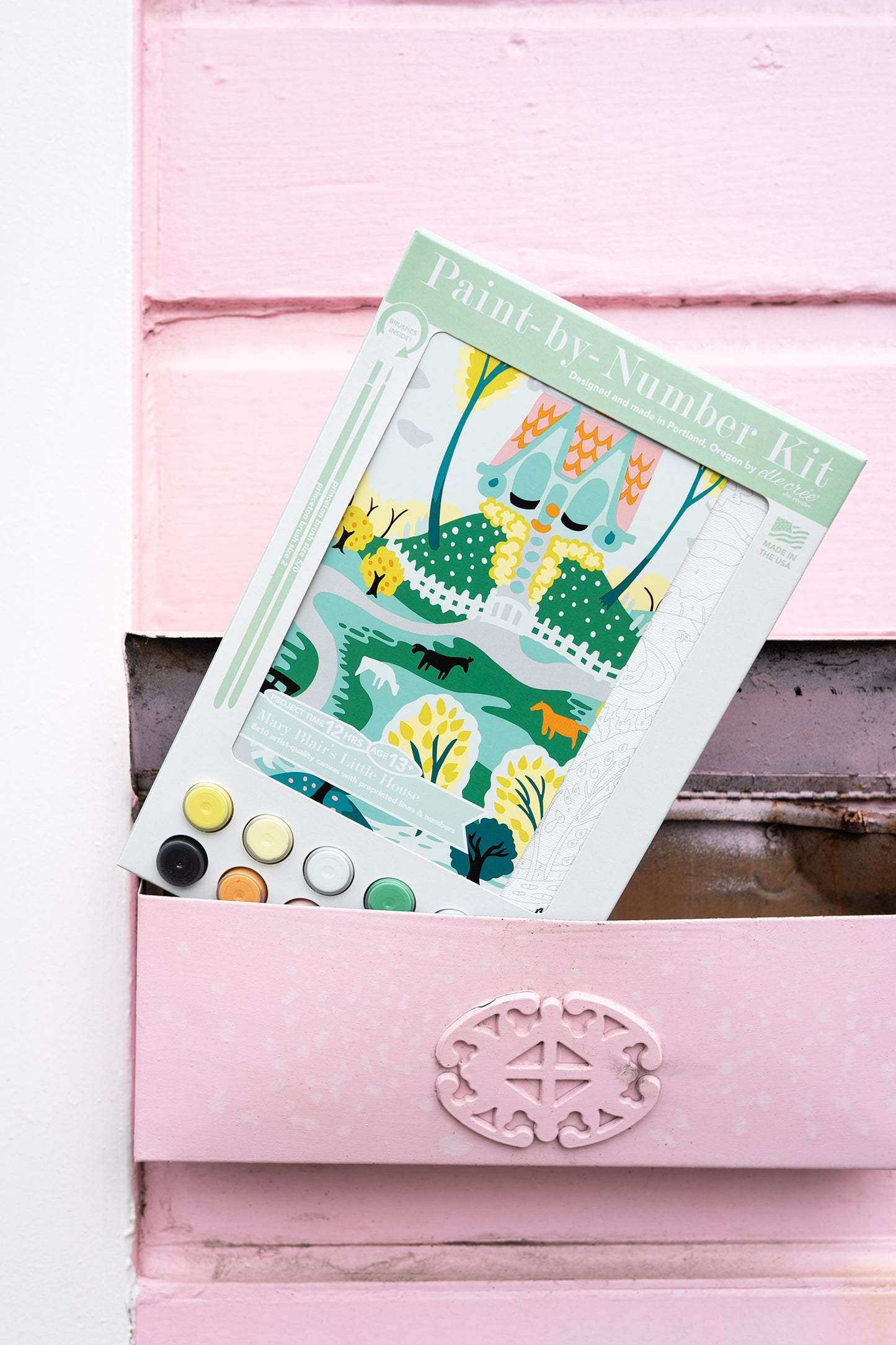 Mary Blair's Little House paint-by-number kit in packaging inside a mailbox.