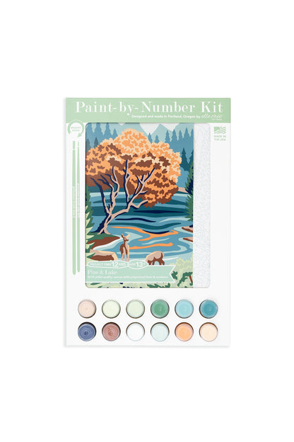 Pine & Lake paint-by-number kit packaging showing a Pacific Northwest–inspired landscape with evergreen trees, calm water, wildlife, and included paint pots.