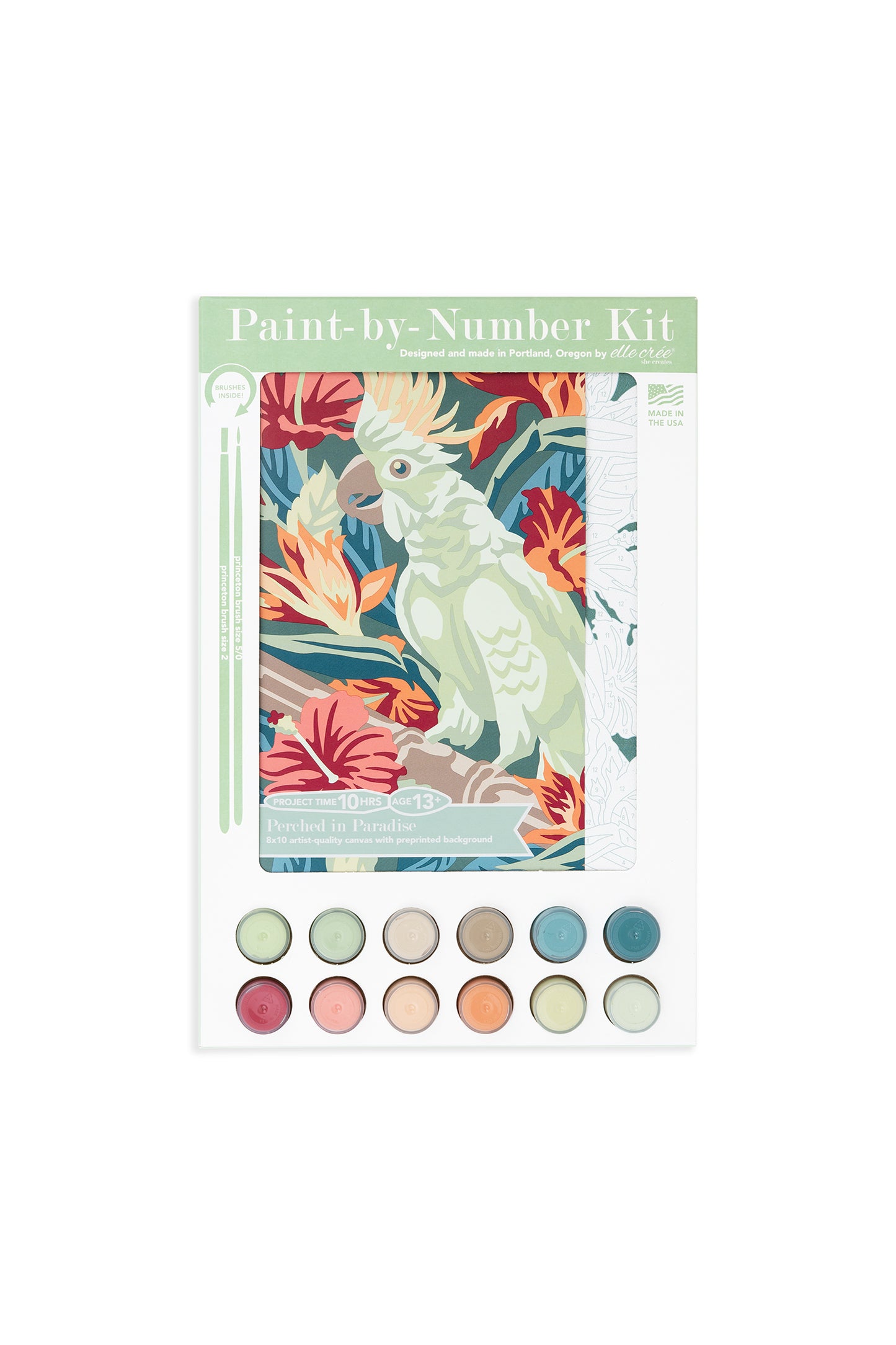 Perched in Paradise 8x10 Paint-by-Number kit from Elle Crée in it's packaging laid against a white background.