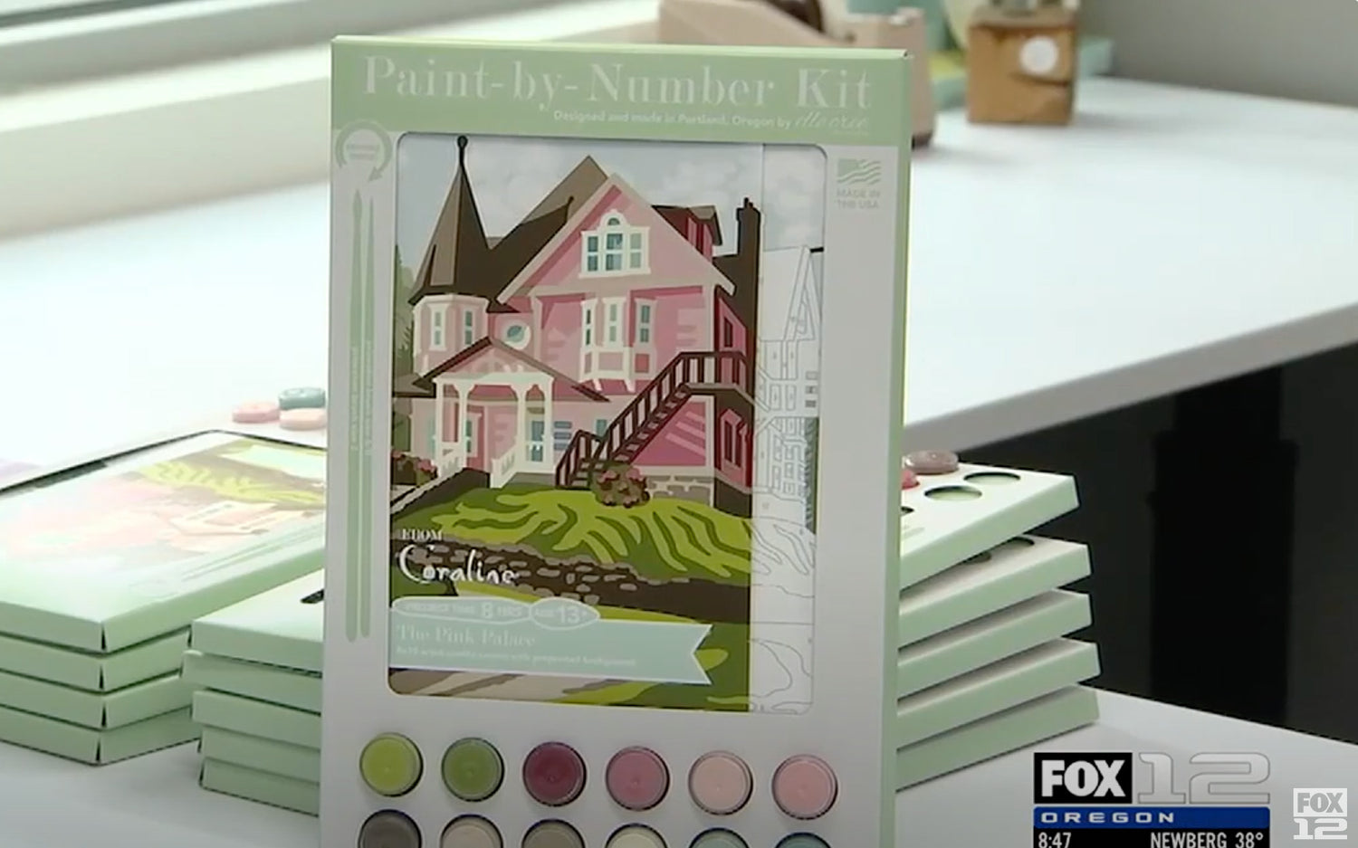 Coraline's Pink Palace Paint-by-Number kit in the Elle Cree workshop on Fox 12 Oregon.