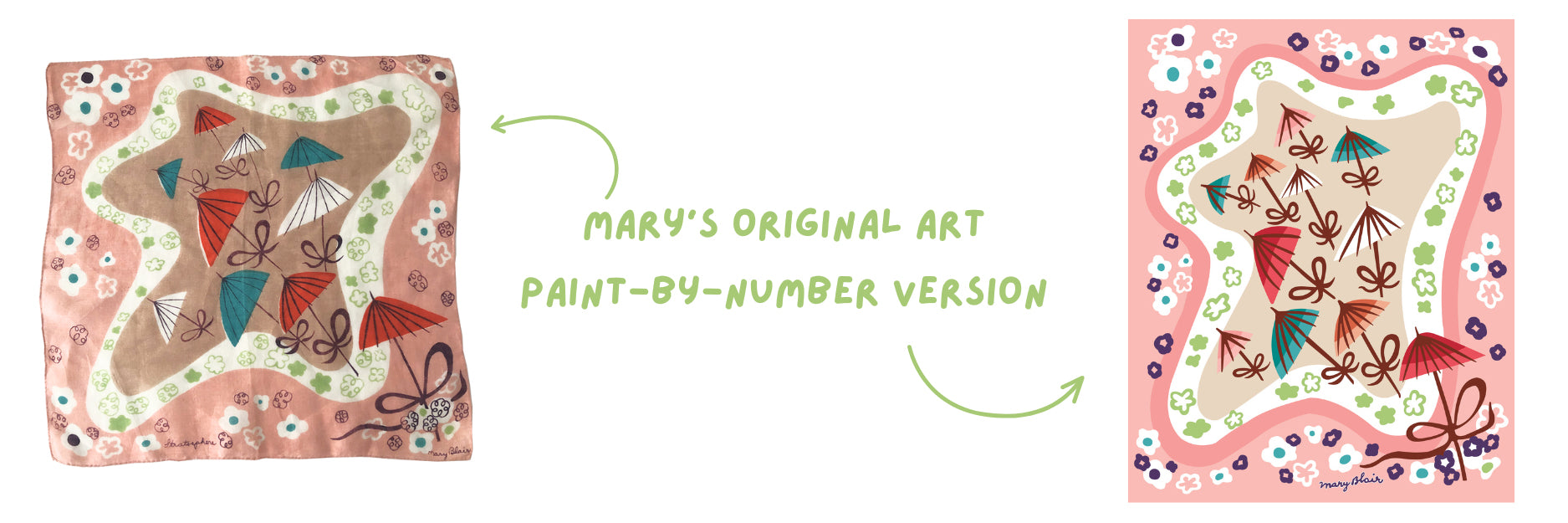 Mary Blair's 1950 Parasol's Illustration for a hanky design (L) and Elle Crée's paint-by-number version of that illustration (R)