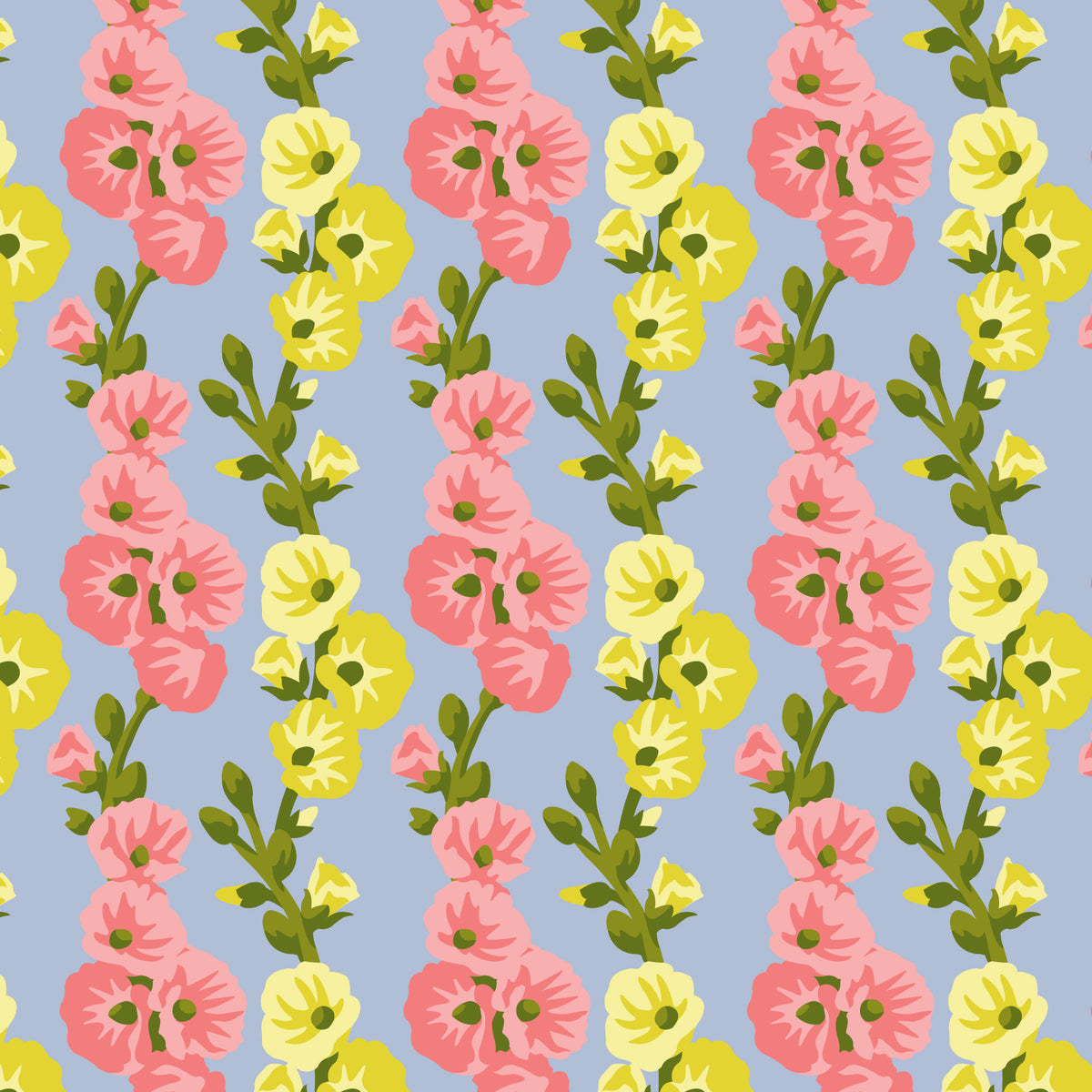 Hollyhocks in Harmony Blue | Organic Quilters Cotton