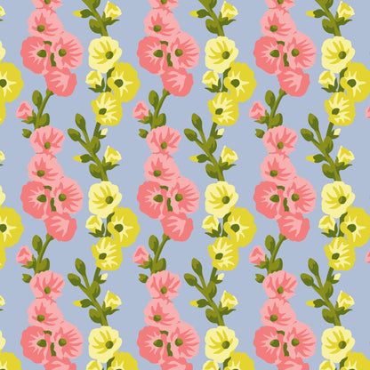Hollyhocks in Harmony Blue | Organic Quilters Cotton