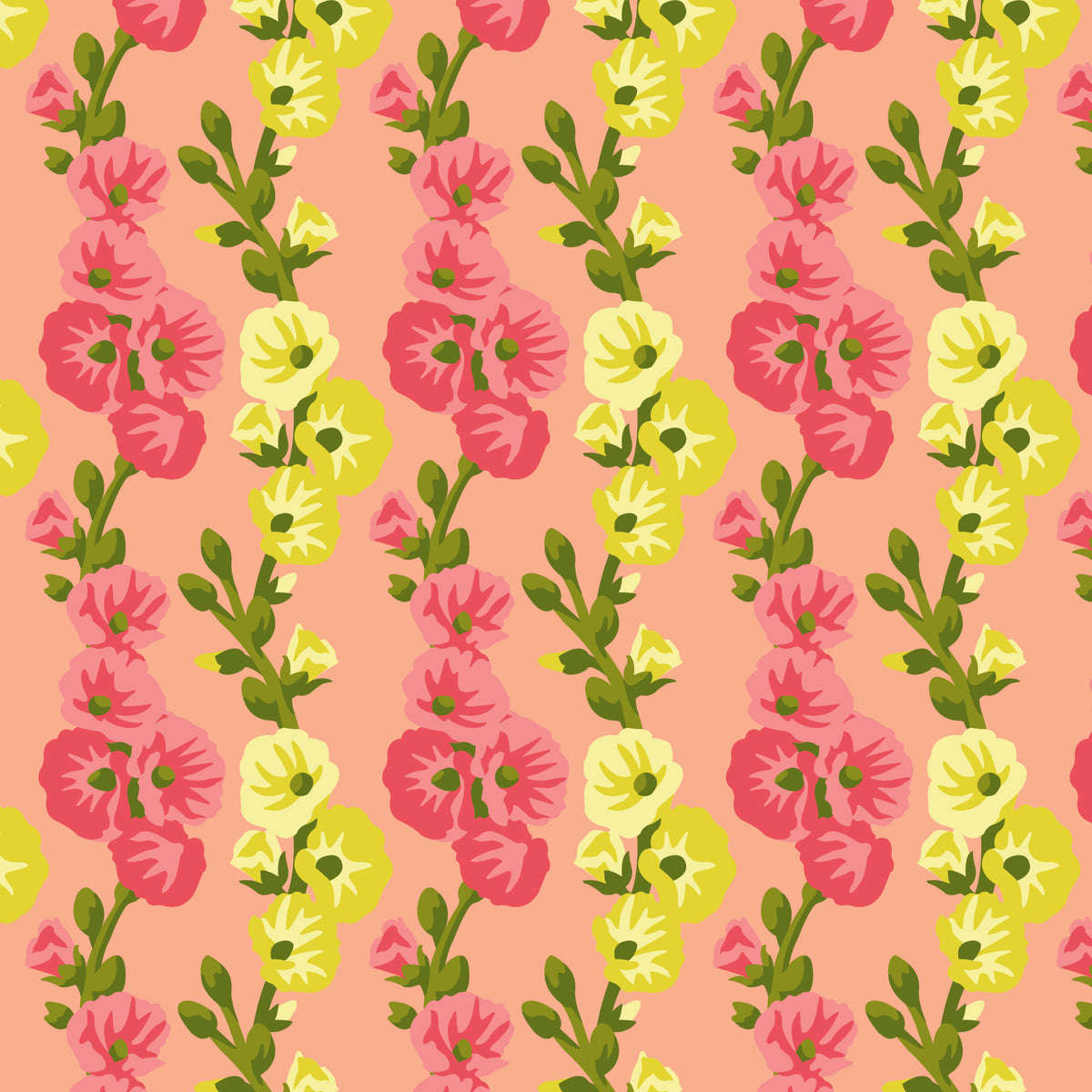 Hollyhocks in Harmony Coral | Organic Quilters Cotton