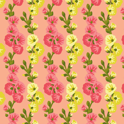 Hollyhocks in Harmony Coral | Organic Quilters Cotton