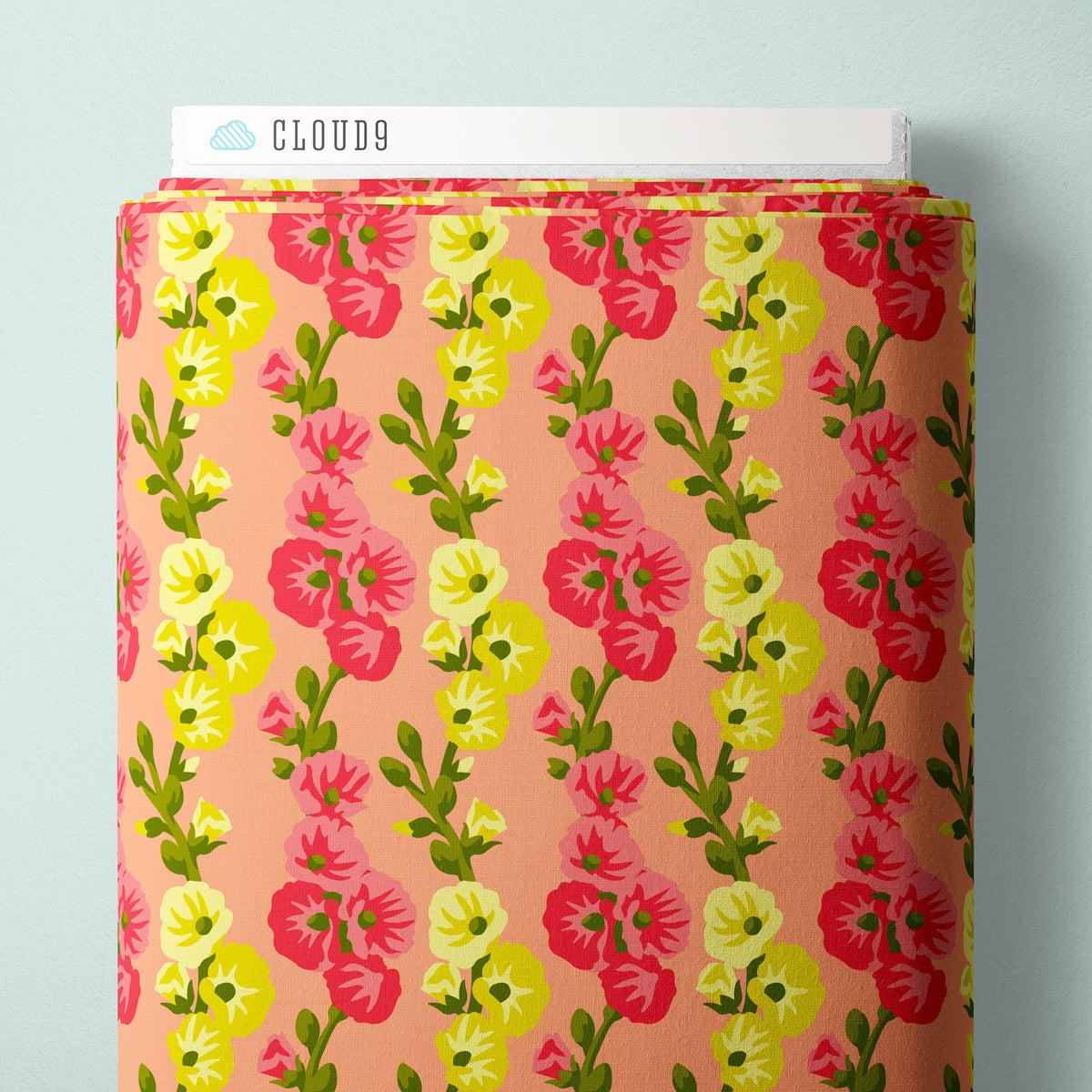 Hollyhocks in Harmony Coral | Organic Quilters Cotton