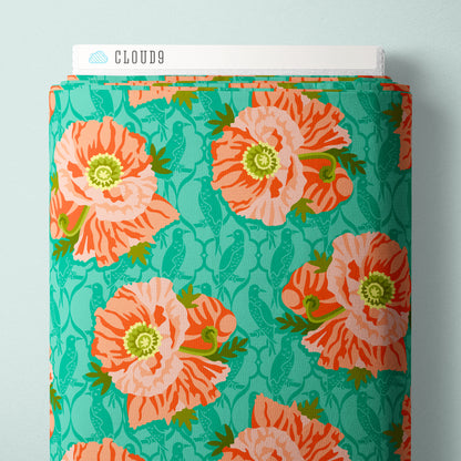 Poppy Soiree Turquoise | Organic Quilters Cotton