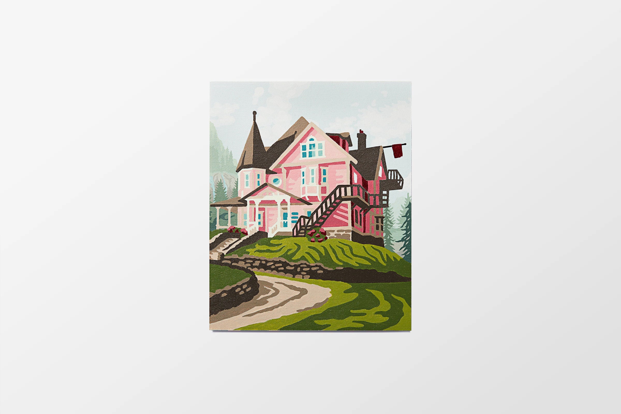 Fully painted Coraline's Pink Palace Apartments Paint by Number Kit from Elle Crée in collaboration with LAIKA Studios.