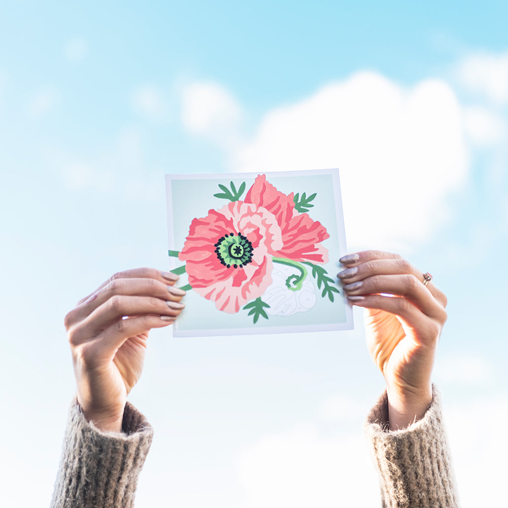 Mini paint-by-number kit featuring two pink poppies being held above someone's head with a cloudy sky in the background.