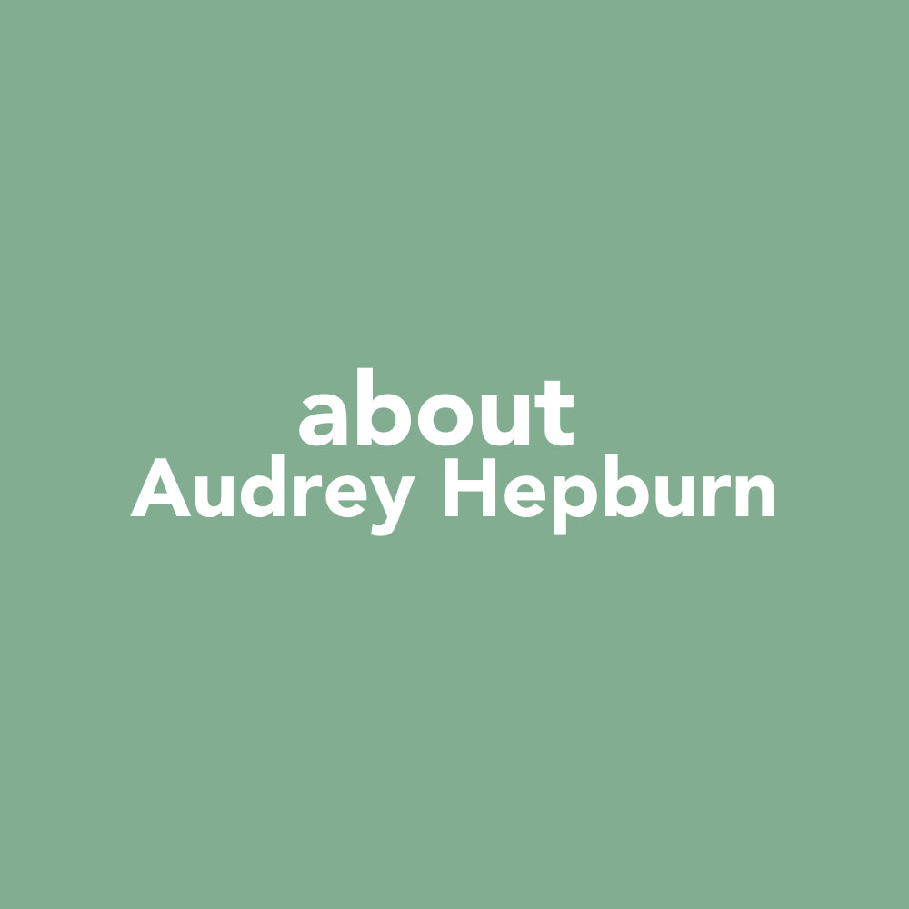 Square green graphic that reads "about Audrey Hepburn" in white sans serif font.