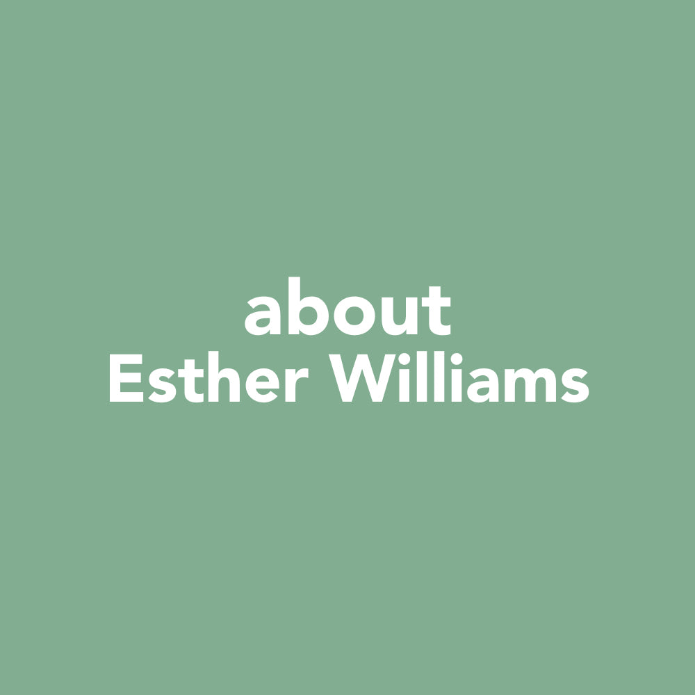 Mint green square with white sans serif font reading "Esther Williams"