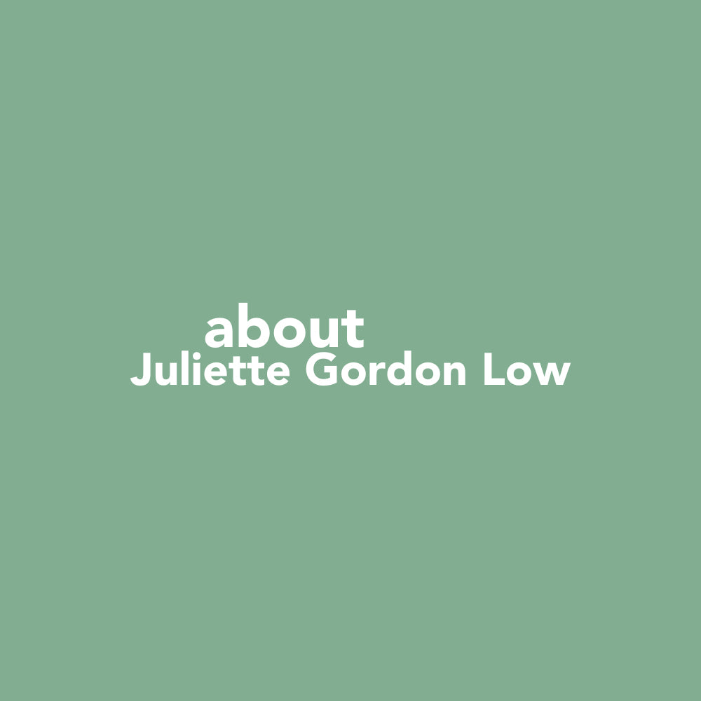 Mint green square with white sans serif font reading "Juliette Gordon Low."