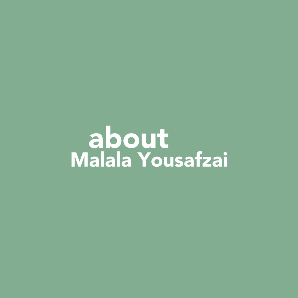 Mint green square with white sans serif font reading "Malala Yousafzai."
