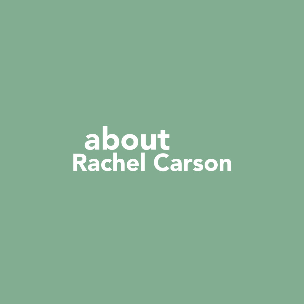 Mint green square with white sans serif font reading "Rachel Carson."