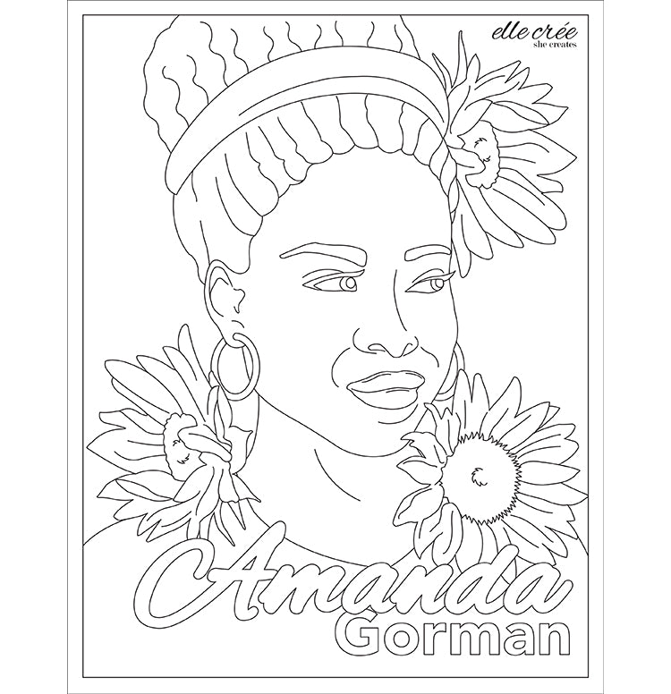 Amanda Gorman coloring page with the profile of Amanda Gorman surrounded by sunflowers.