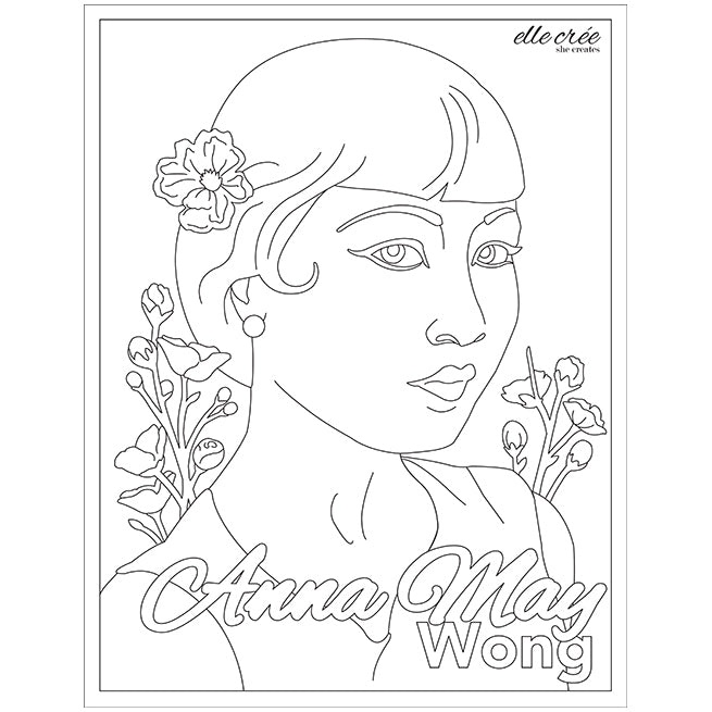 Anna May Wong downloadable coloring page featuring Anna May Wong surrounded by flowers.
