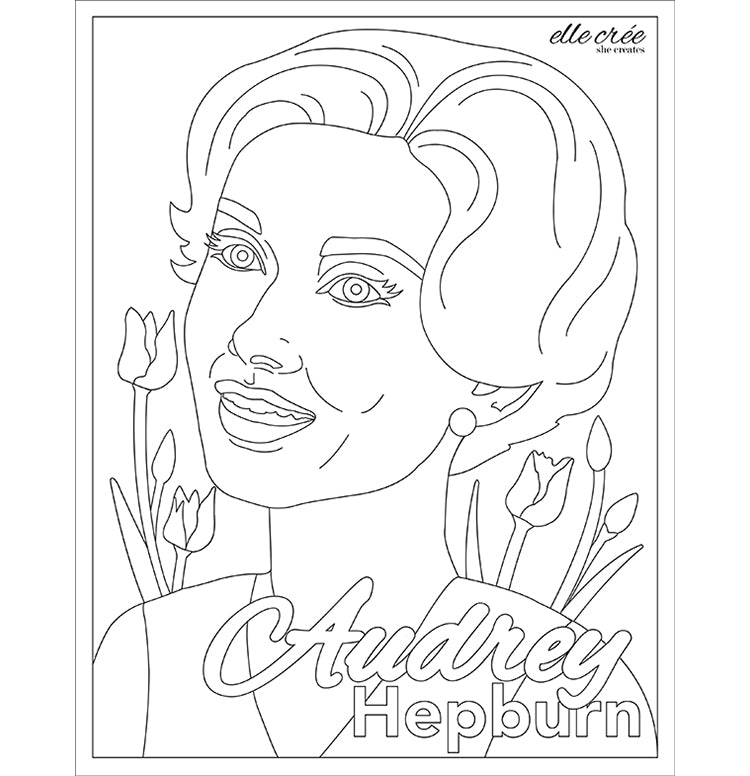 Coloring page featuring Audrey Hepburn surrounded by tulips. 