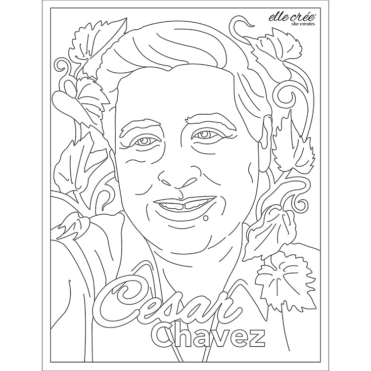 Cesar Chavez coloring page featuring a portrait of Chavez surrounded by grape vines.