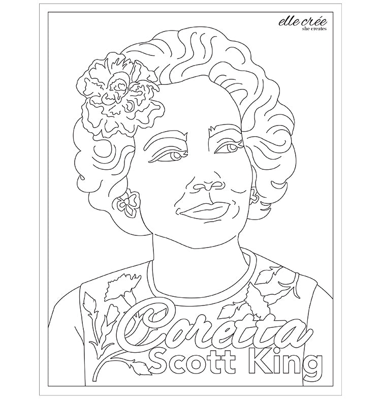 Coloring page featuring a portrait of Coretta Scott King by Elle Crée.