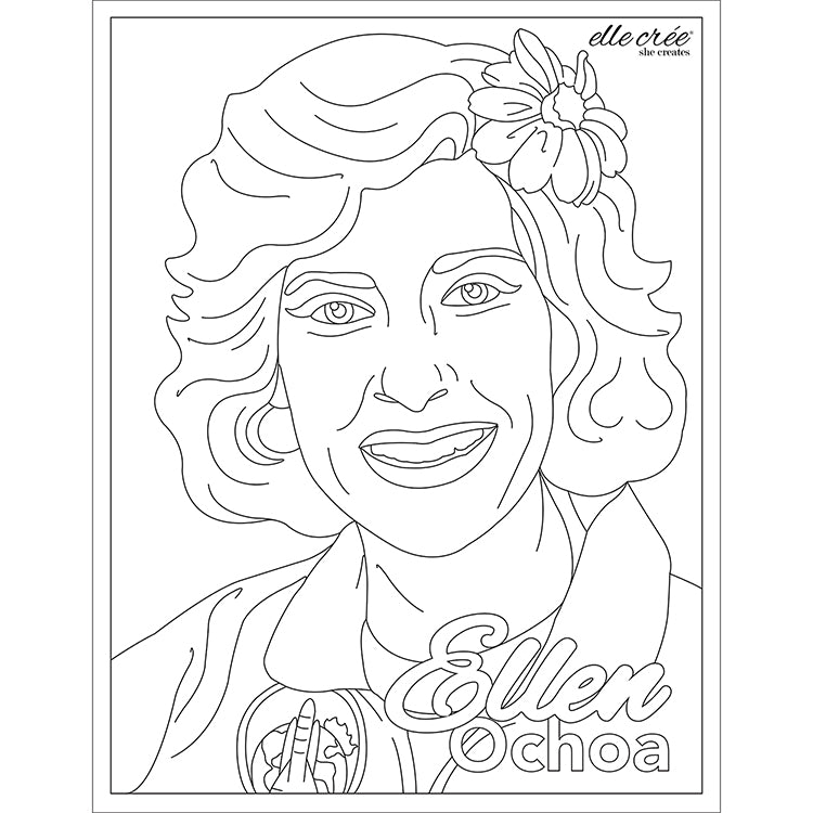 Downloadable coloring page featuring a portrait of astronaut Ellen Ochoa.
