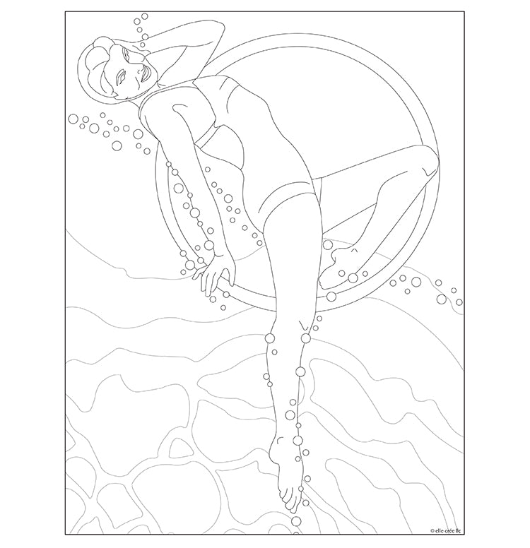 Coloring page of Esther Williams in a swimming pool surrounded by bubbles.