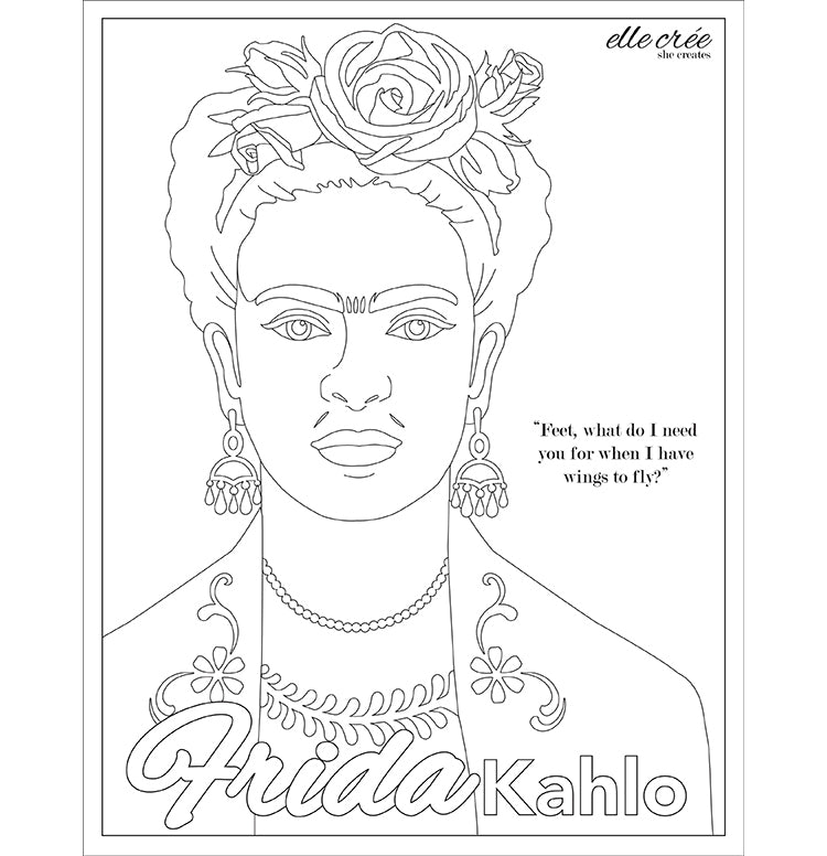 Coloring page of Frida Kahlo made by Elle Crée paint-by-number kits.