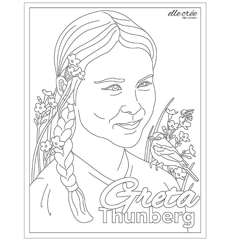 Coloring page depicting a portrait of climate activist Greta Thunberg.