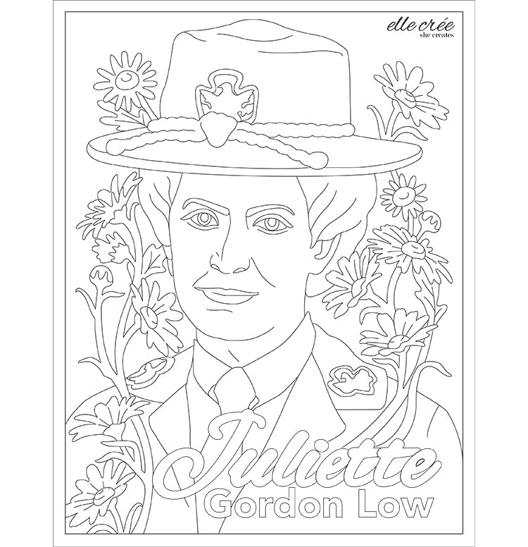 Coloring page featuring Juliette Gordon Low, the founder of Girl Scouts.