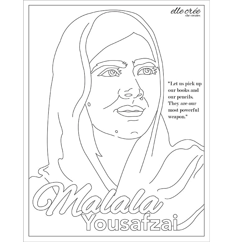 Malala Yousafzai coloring page available for free download.