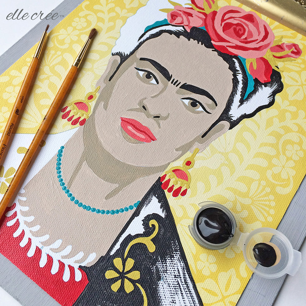 Frida Kahlo paint-by-number kit in progress of being painted.