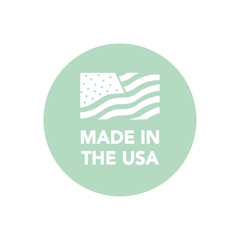 Mint green circular graphic stating the products from Elle Crée are made in the USA.